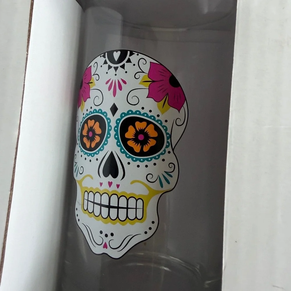 Paper Source Sugar Skull Glasses Set of Four 8 oz Dia de los Muertos Tumbler New